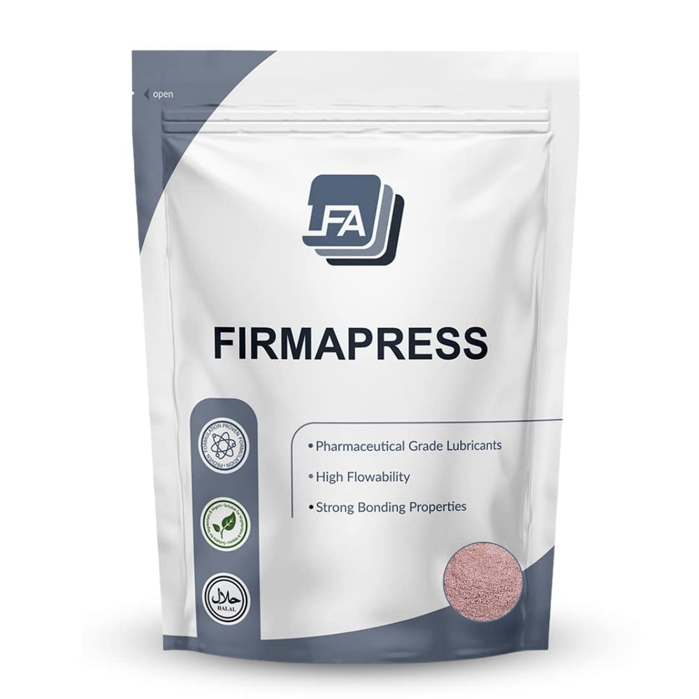 LFA Firmapress pink binder powder in a 1 kg bottle ready for tablet formation