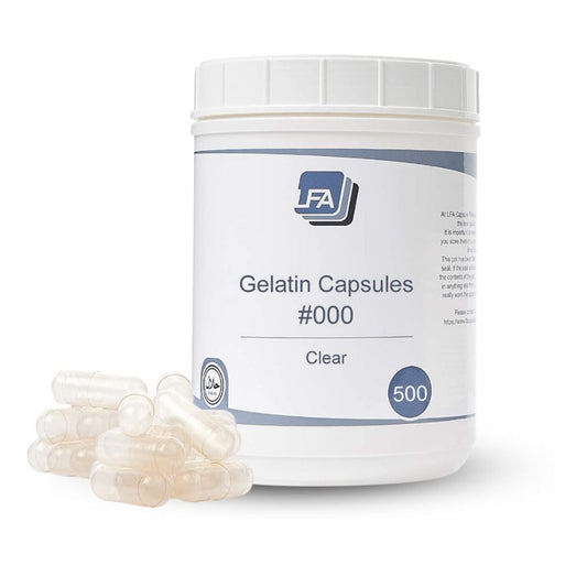 LFA Size 000 empty gelatin capsules, 500-count, ready for fast-release formulations.