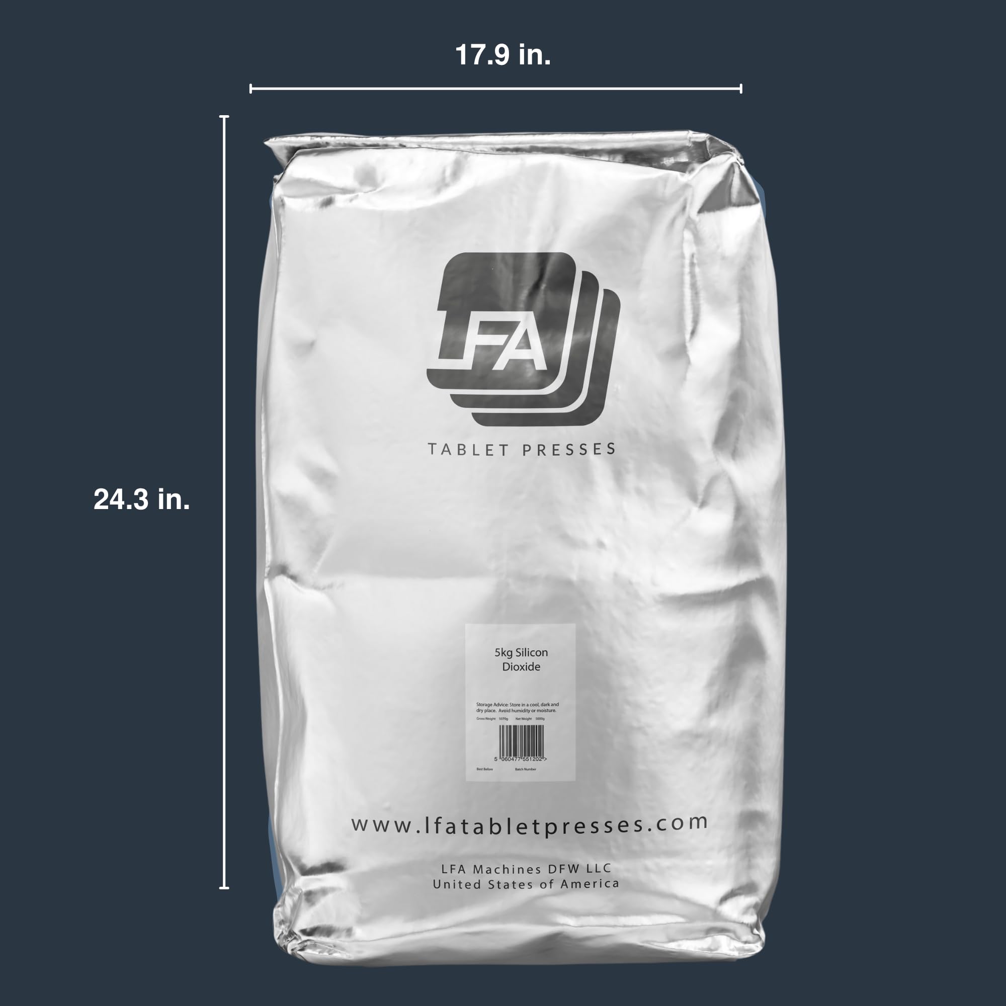 LFA silica powder packaged in USA, certified for food safety and traceability.