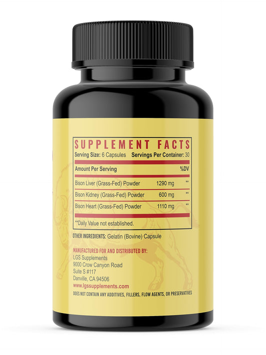 LGS Supplements freeze-dried-bison capsules showcase organ blend.