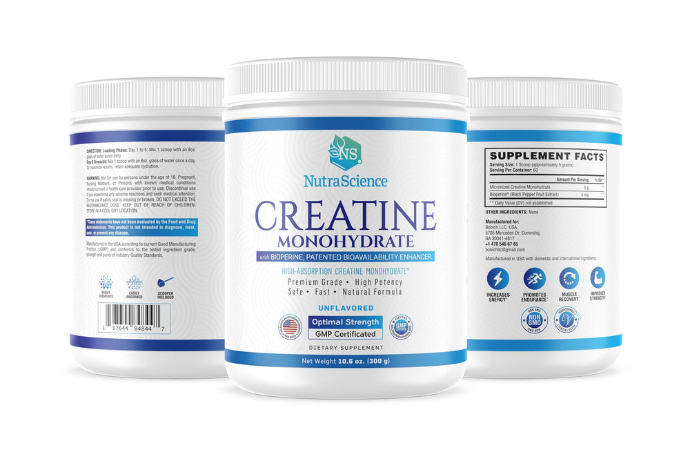 Vegan-friendly NutraScience Creatine Monohydrate packaging