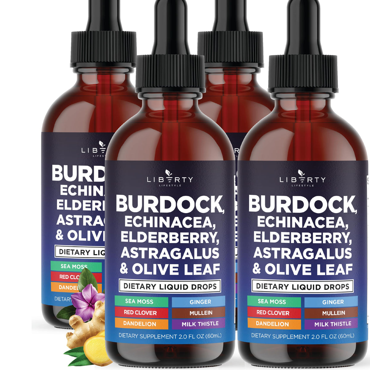 Liberty Lifestyle Burdock Drops bottle showing herbal blend for immune support.