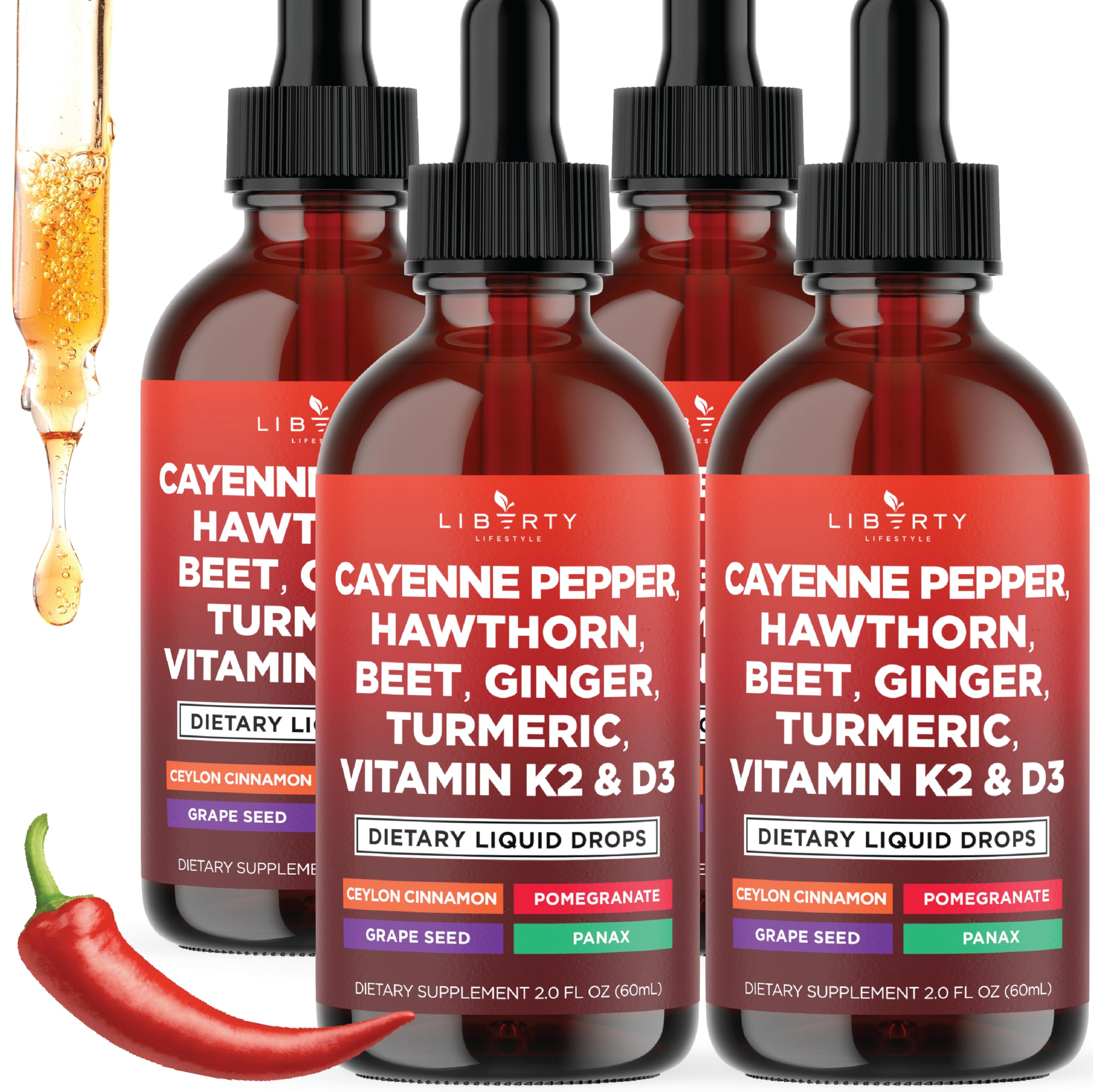 Liberty Lifestyle Cayenne Drops bottle showing spicy flavor and energy boost potential