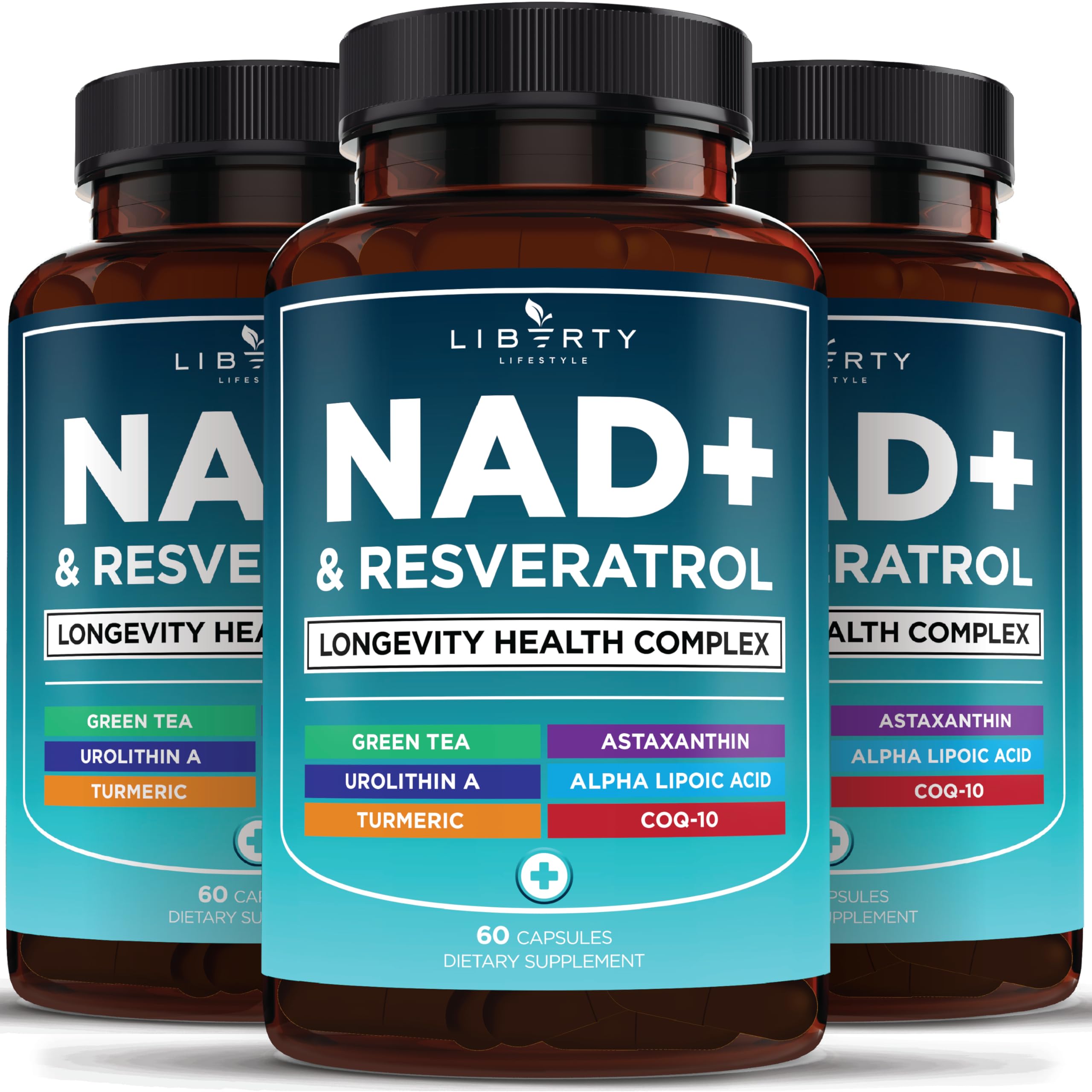 Liberty Lifestyle NAD+ Plus bottle front showing antioxidant blend for cellular support.