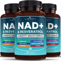 Liberty Lifestyle NAD+ Plus bottle front showing antioxidant blend for cellular support.