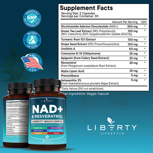 Liberty Lifestyle NAD+ capsules close-up highlighting vegan capsules for daily energy.