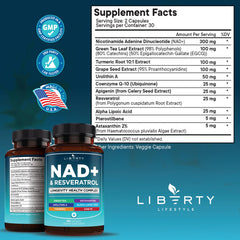 Liberty Lifestyle NAD+ capsules close-up highlighting vegan capsules for daily energy.