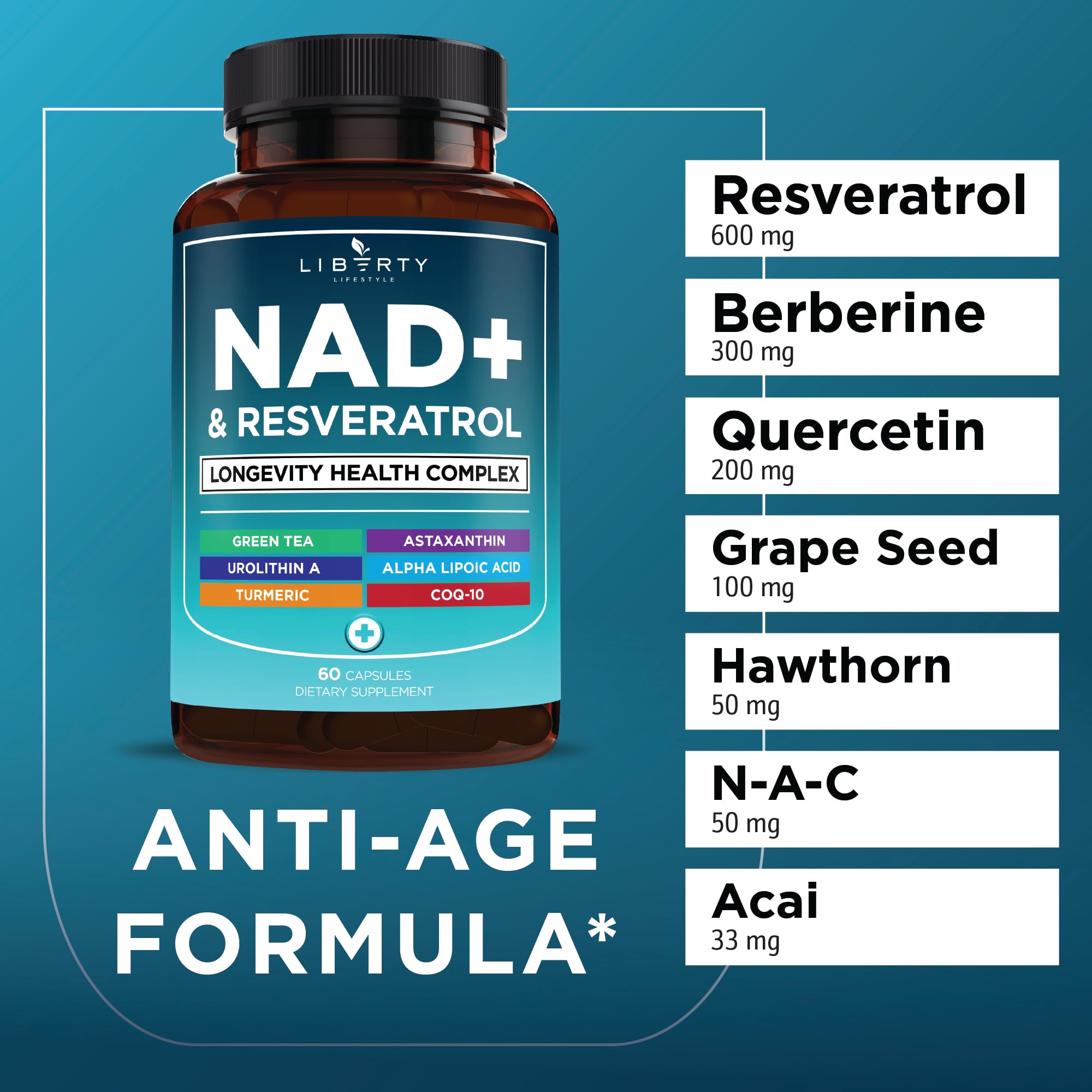 Liberty Lifestyle NAD+ ingredients panel with astaxanthin and CoQ10 for antioxidant support.