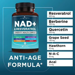 Liberty Lifestyle NAD+ ingredients panel with astaxanthin and CoQ10 for antioxidant support.