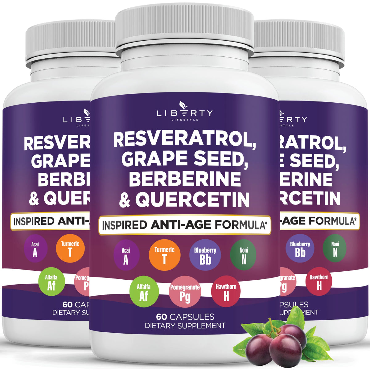 Liberty Lifestyle bottle showing resveratrol, berberine, and grape seed for daily vitality