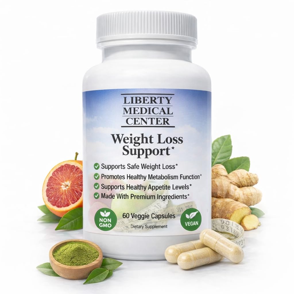 Liberty Medical Center weight loss bottle front showing vegan formula for daily support