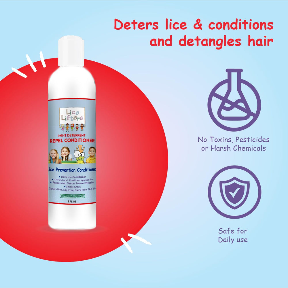 Lice Lifters prevention conditioner bottle showing hair softness and detangling benefits.