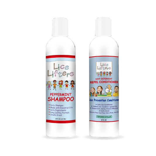 Lice Lifters prevention shampoo bottle with peppermint scent for a refreshing cleanse.