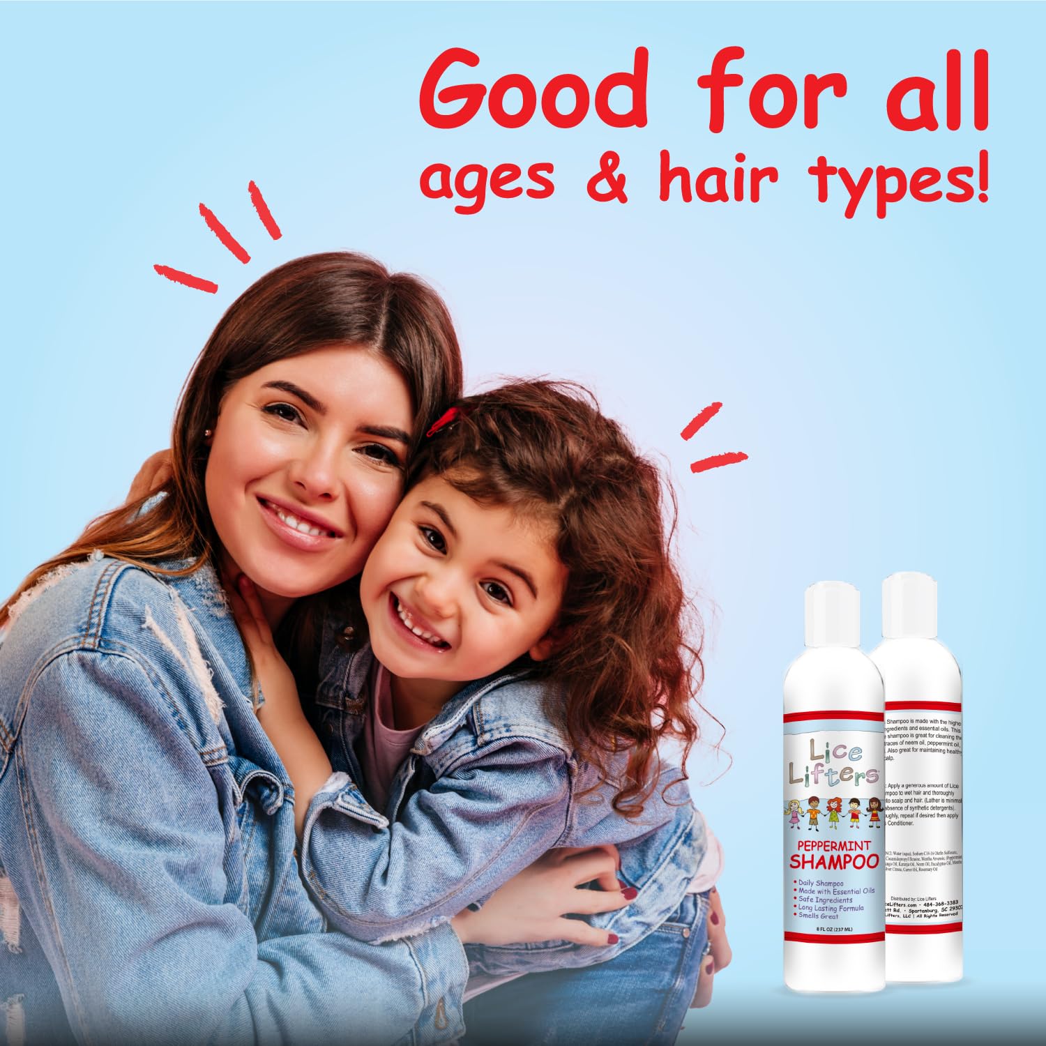 Lice Lifters prevention shampoo label highlights peppermint freshness and product info.