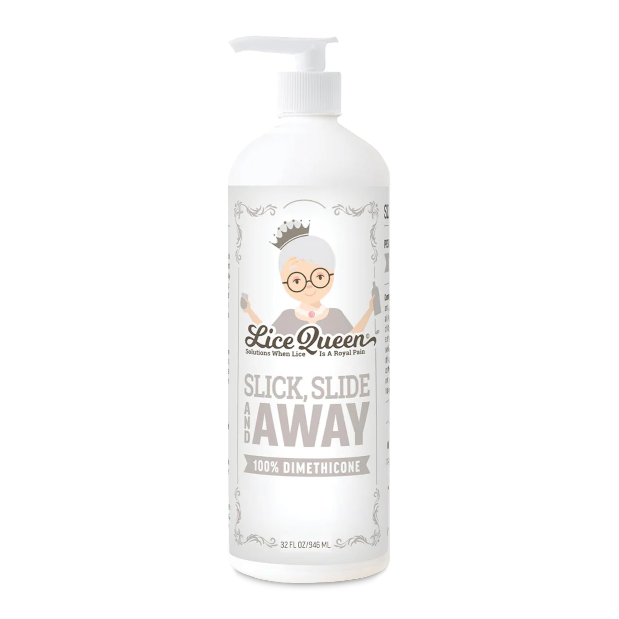 Lice Queen Slick, Slide & Away bottle close-up showing easy pour for quick application.