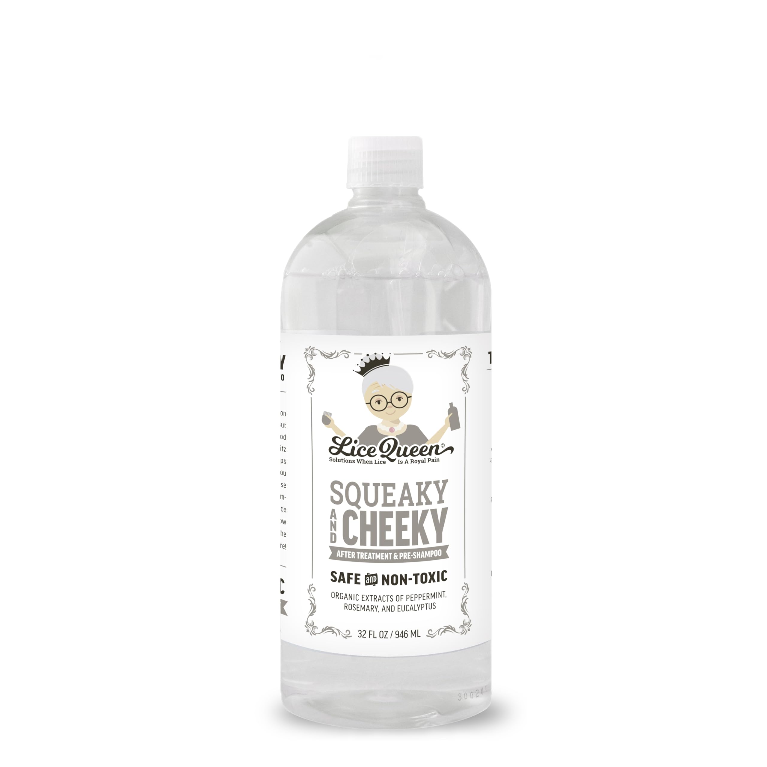 Lice Queen Squeaky Cheeky bottle front shows family-friendly lice treatment for all hair types.