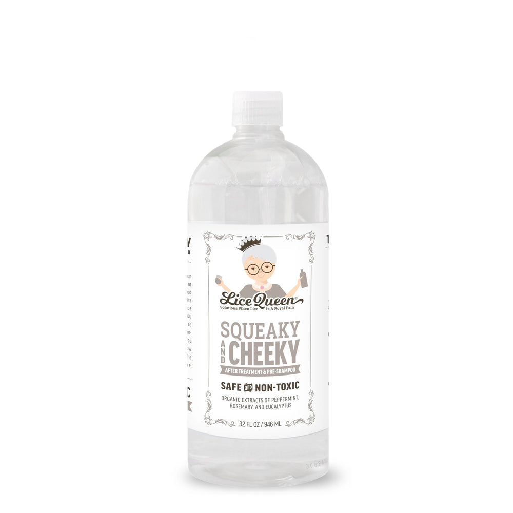 Lice Queen Squeaky Cheeky bottle front shows family-friendly lice treatment for all hair types.