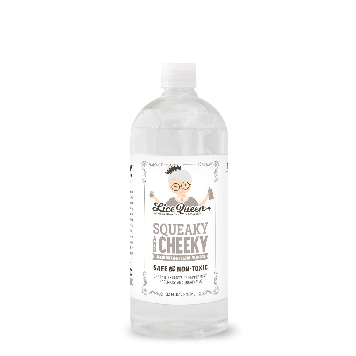 Lice Queen Squeaky Cheeky bottle front shows family-friendly lice treatment for all hair types.