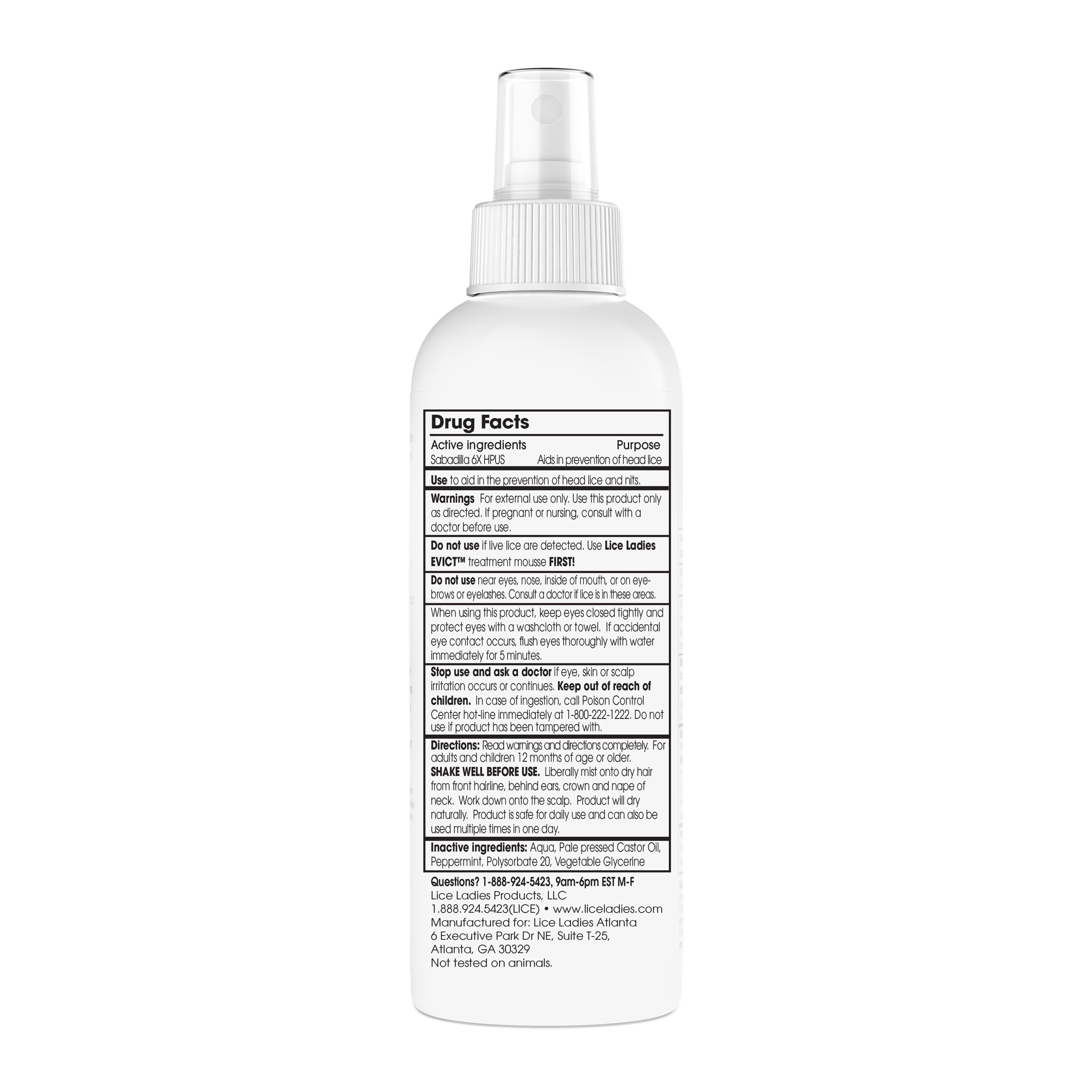 Close-up of Lice Ladies Prevent spray application for fast, even coverage.