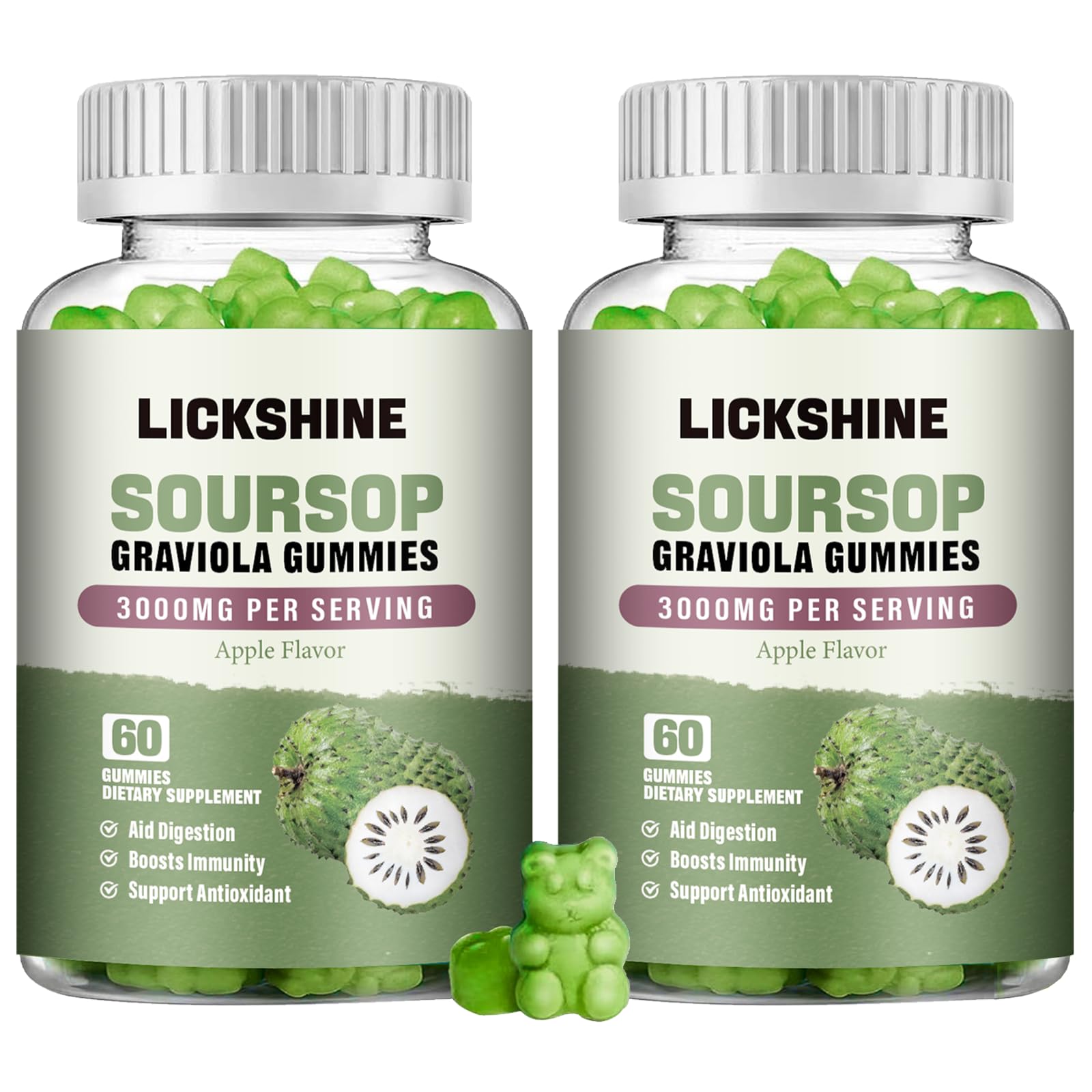 Lickshine 2-pack soursop graviola gummies bottle supports daily wellness with a convenient chew.
