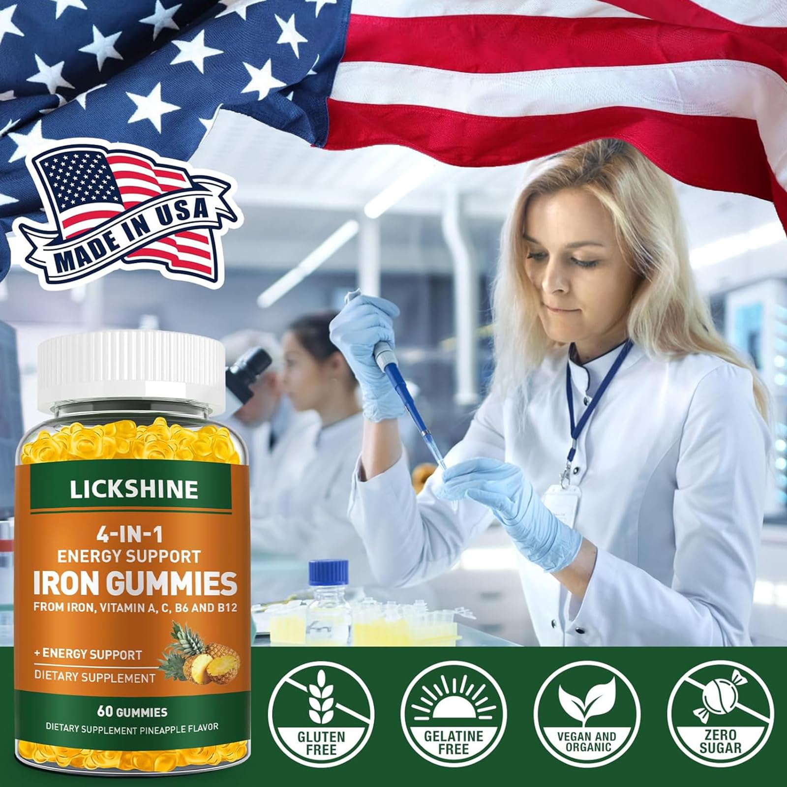Lickshine iron gummies CGMP facility seal indicates quality control.