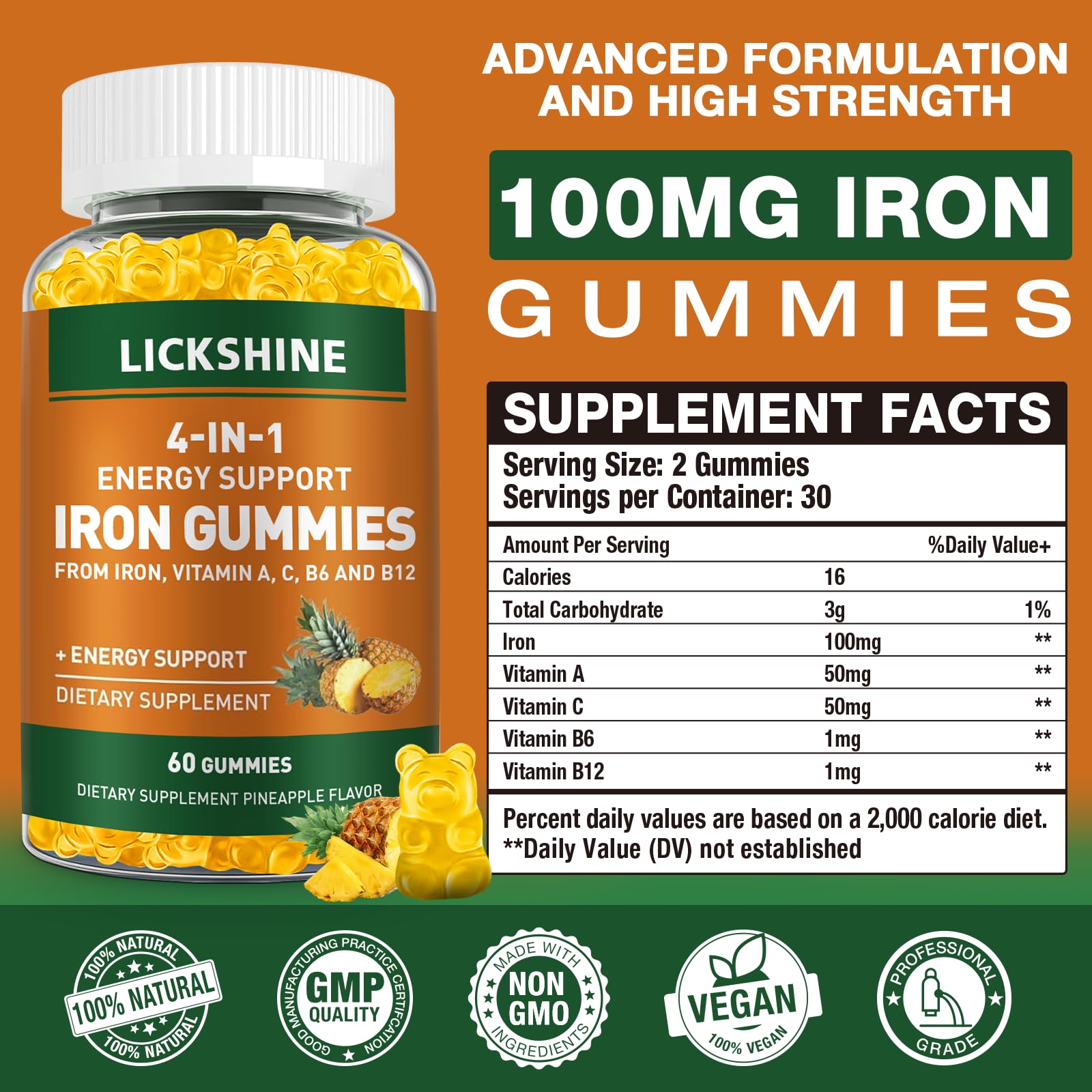 Lickshine iron gummies pineapple flavor label highlights vitamin C.