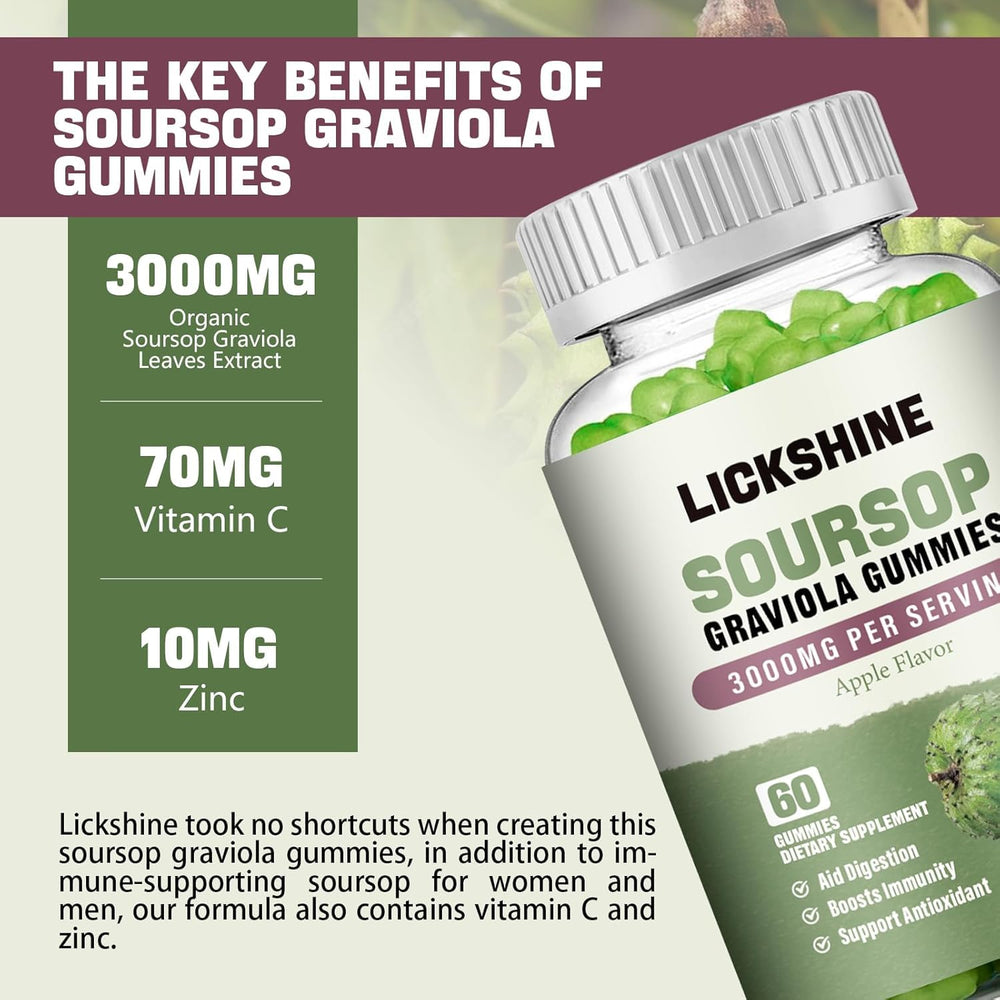 Lickshine soursop graviola leaves extract gummies highlight potent plant-based nutrition for digestive comfort.