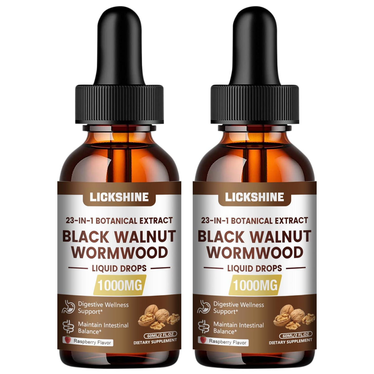 Lickshine wormwood walnut cleanse bottle front showing 23-in-1 detox support.
