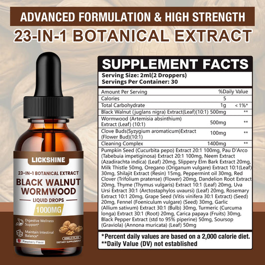 Lickshine wormwood walnut tincture drops close-up highlighting ultra-concentrated formula.