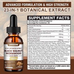 Lickshine wormwood walnut tincture drops close-up highlighting ultra-concentrated formula.