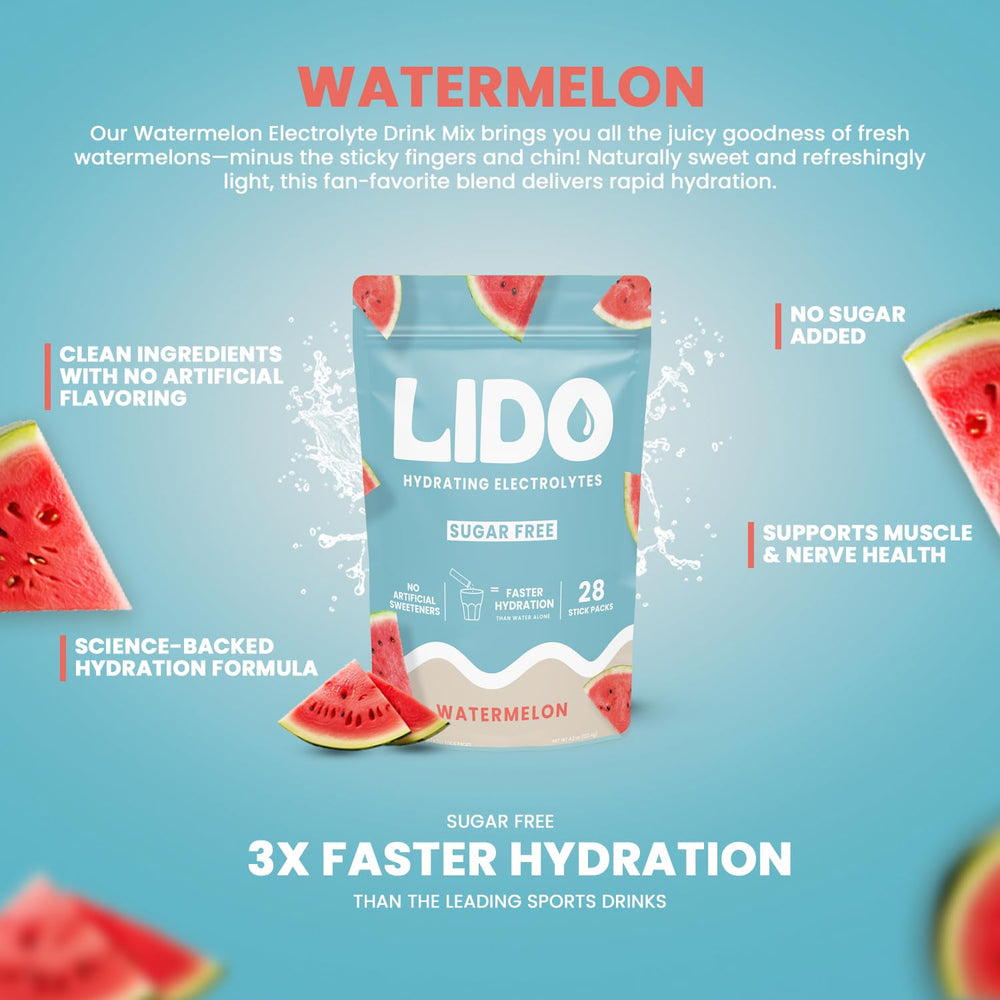 LIDO Watermelon electrolyte packet dissolving in water for quick replenishment.