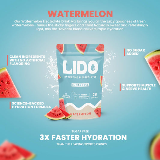 LIDO Watermelon electrolyte packet dissolving in water for quick replenishment.