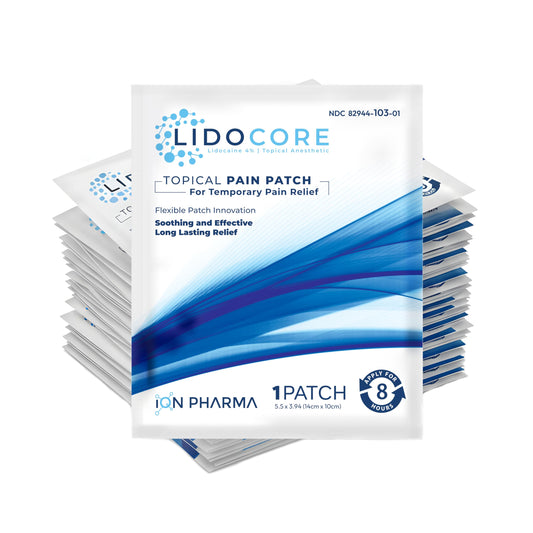 Lidocore 4% lidocaine patch box signals strength and ready-to-use convenience.
