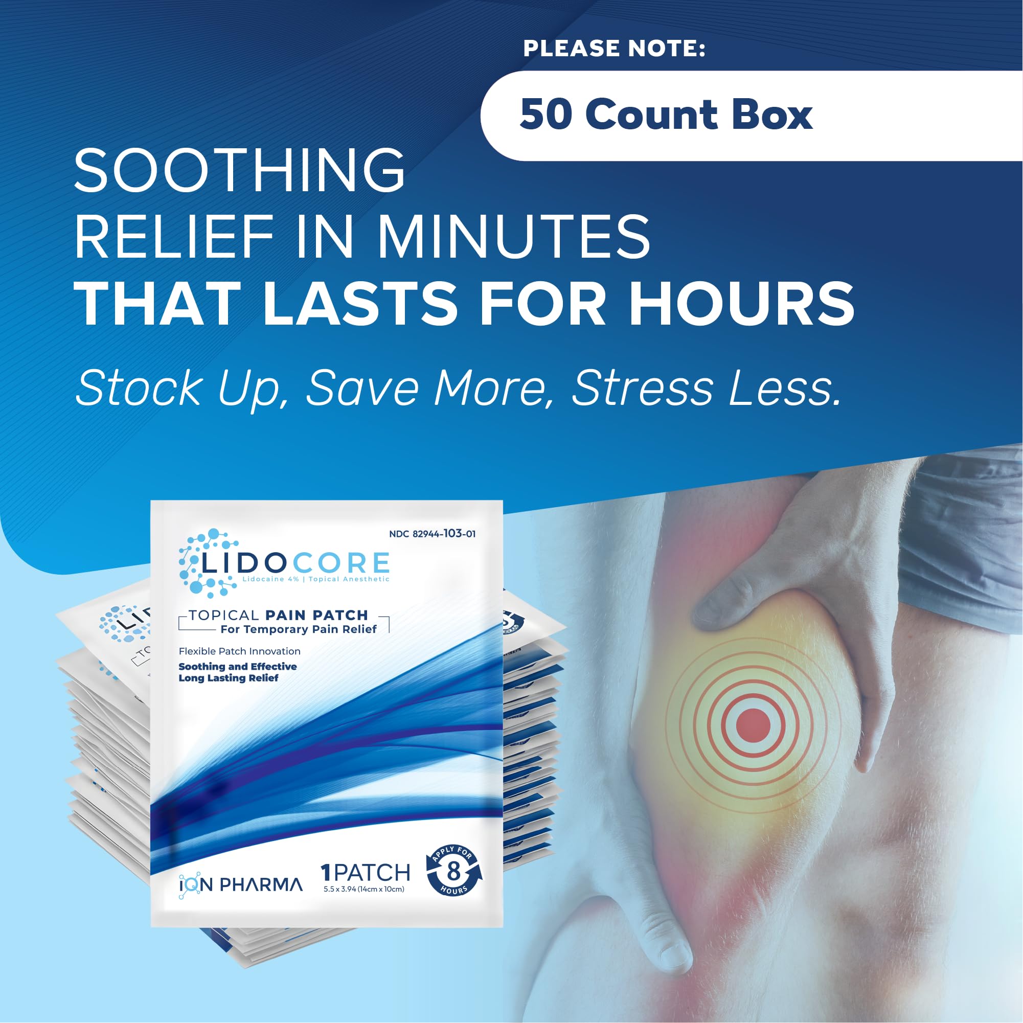 Lidocore hydrogel technology layer provides cooling feel and even lidocaine delivery.