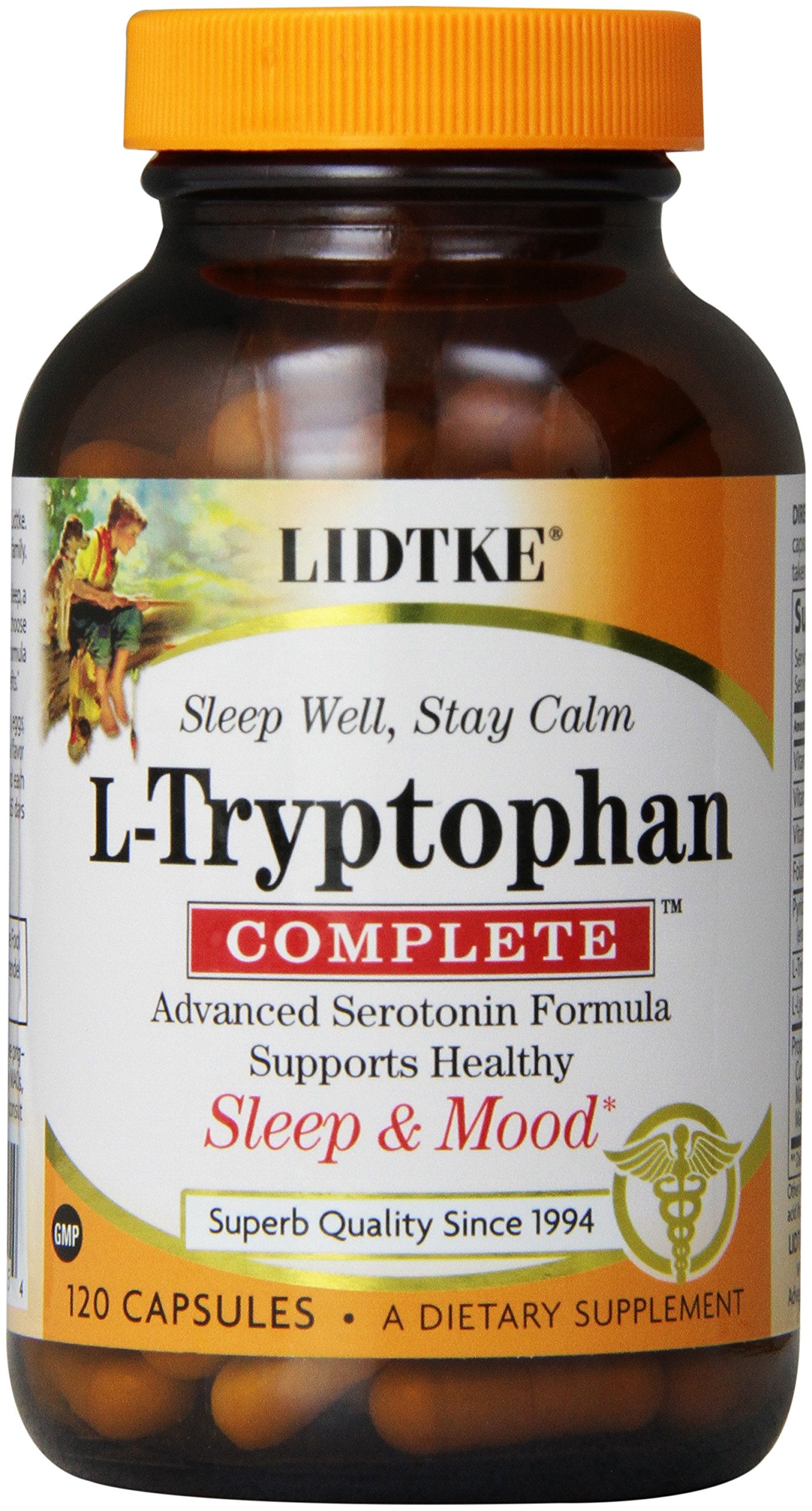 Lidtke Tryptophan Complete bottle on a clean surface, suggesting mood and sleep support.