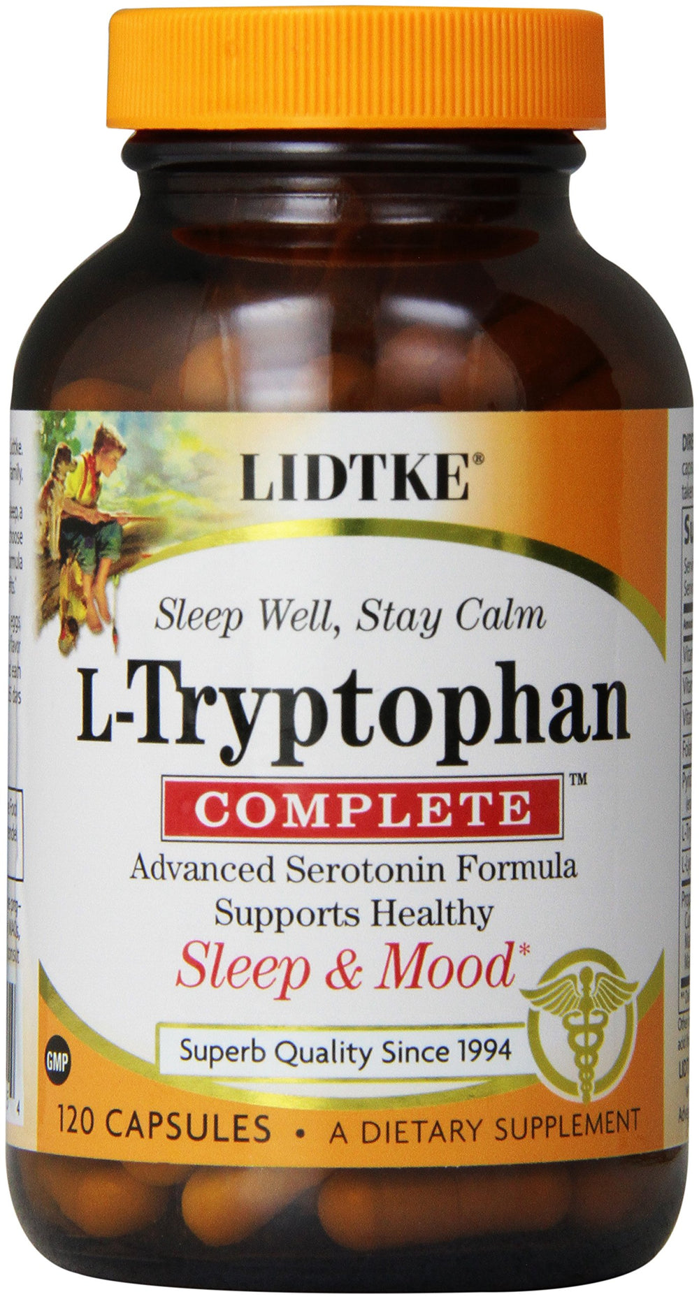 Lidtke Tryptophan Complete bottle on a clean surface, suggesting mood and sleep support.