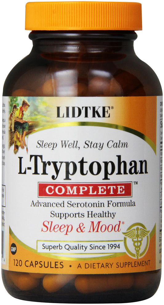 Lidtke Tryptophan Complete bottle on a clean surface, suggesting mood and sleep support.