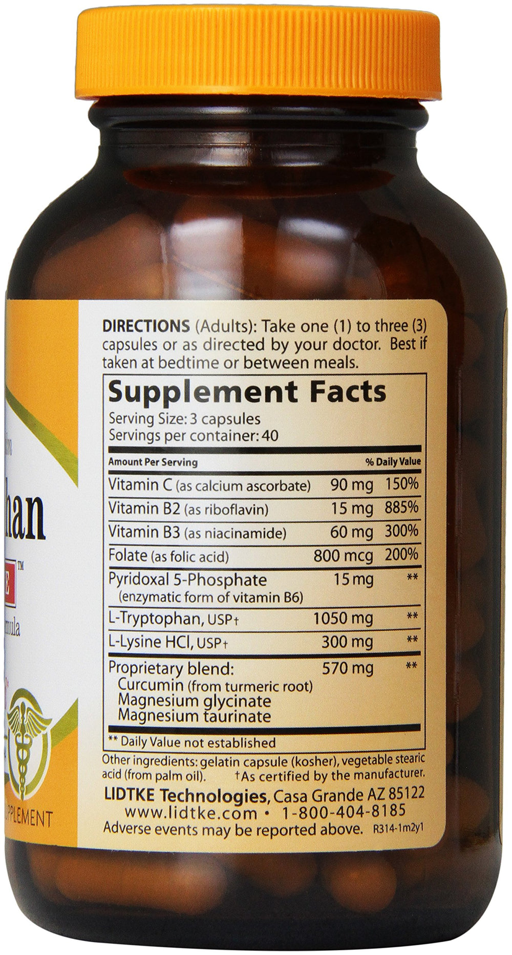 Lidtke Tryptophan Complete label, clarifying purpose for appetite balance.
