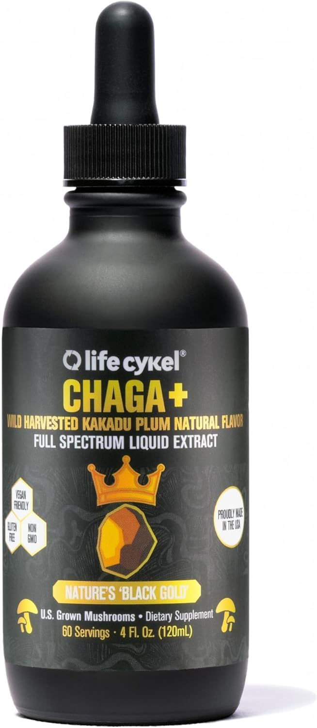 Life Cykel chaga kakadu plum bottle on wood highlights antioxidant-rich tincture for daily vitality.