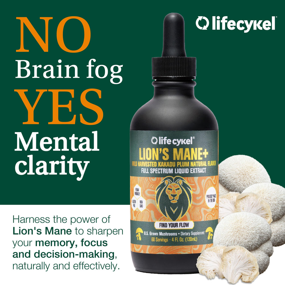 Life Cykel Lions Mane tincture bottle close-up aids focus and clarity