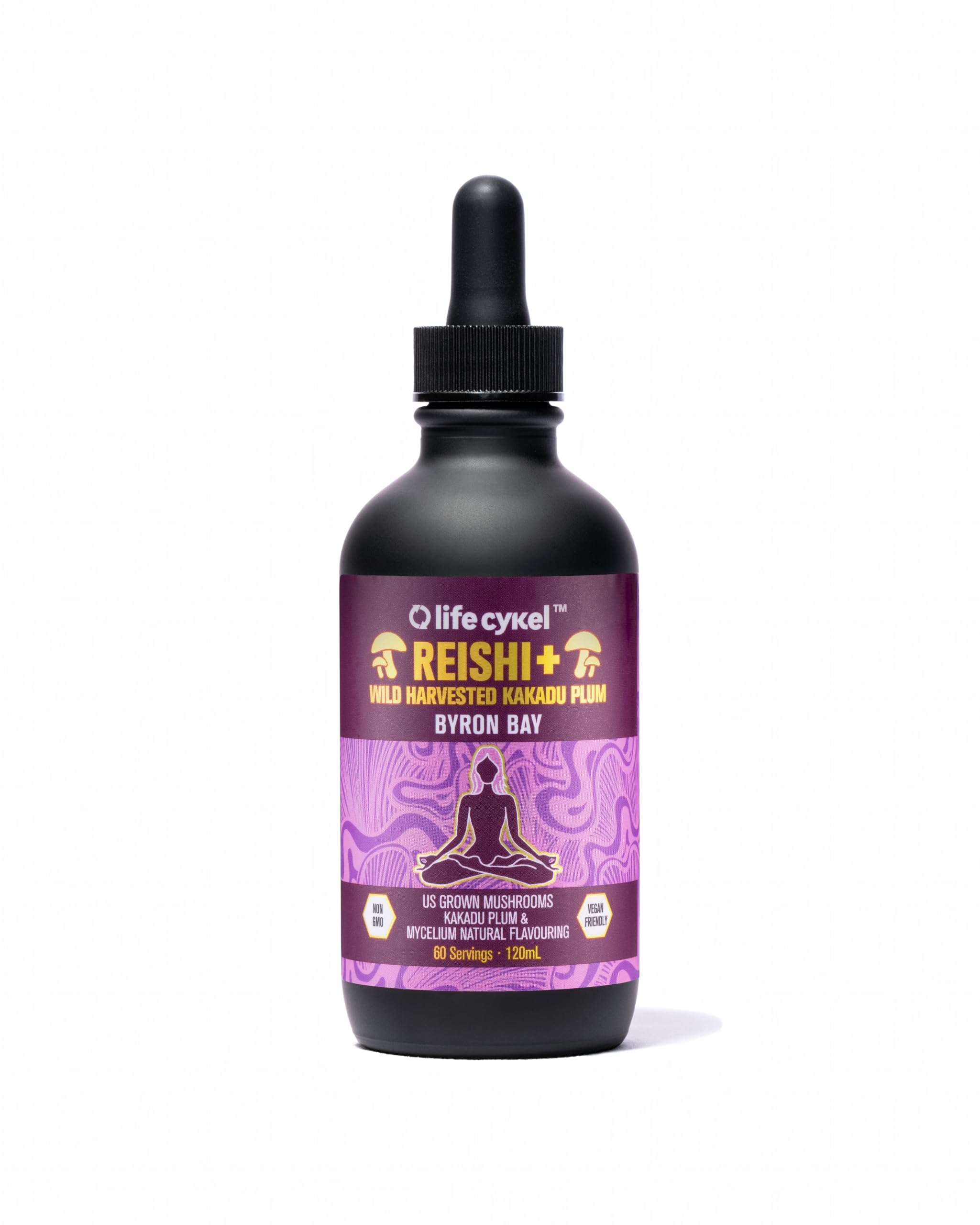Life Cykel Reishi Kakadu Plum bottle shows potent immune and sleep support drops.