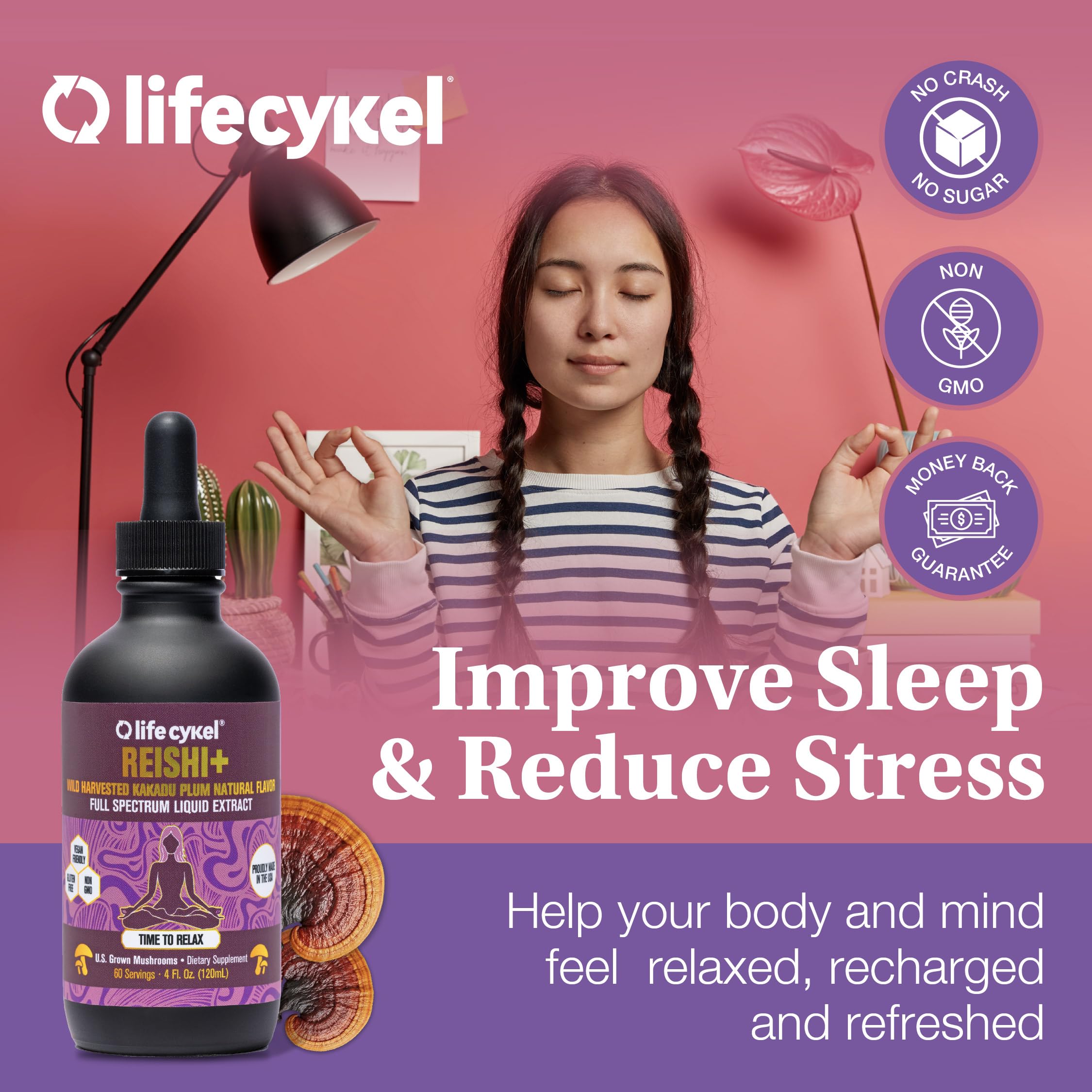 Life Cykel Reishi Kakadu Plum label closeup highlights organic, ethical sourcing.