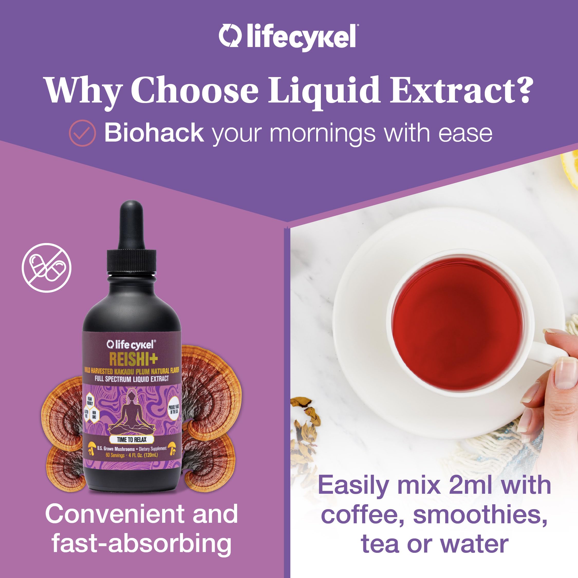 Life Cykel Reishi Kakadu Plum pour demonstrates double extraction potency in every drop.