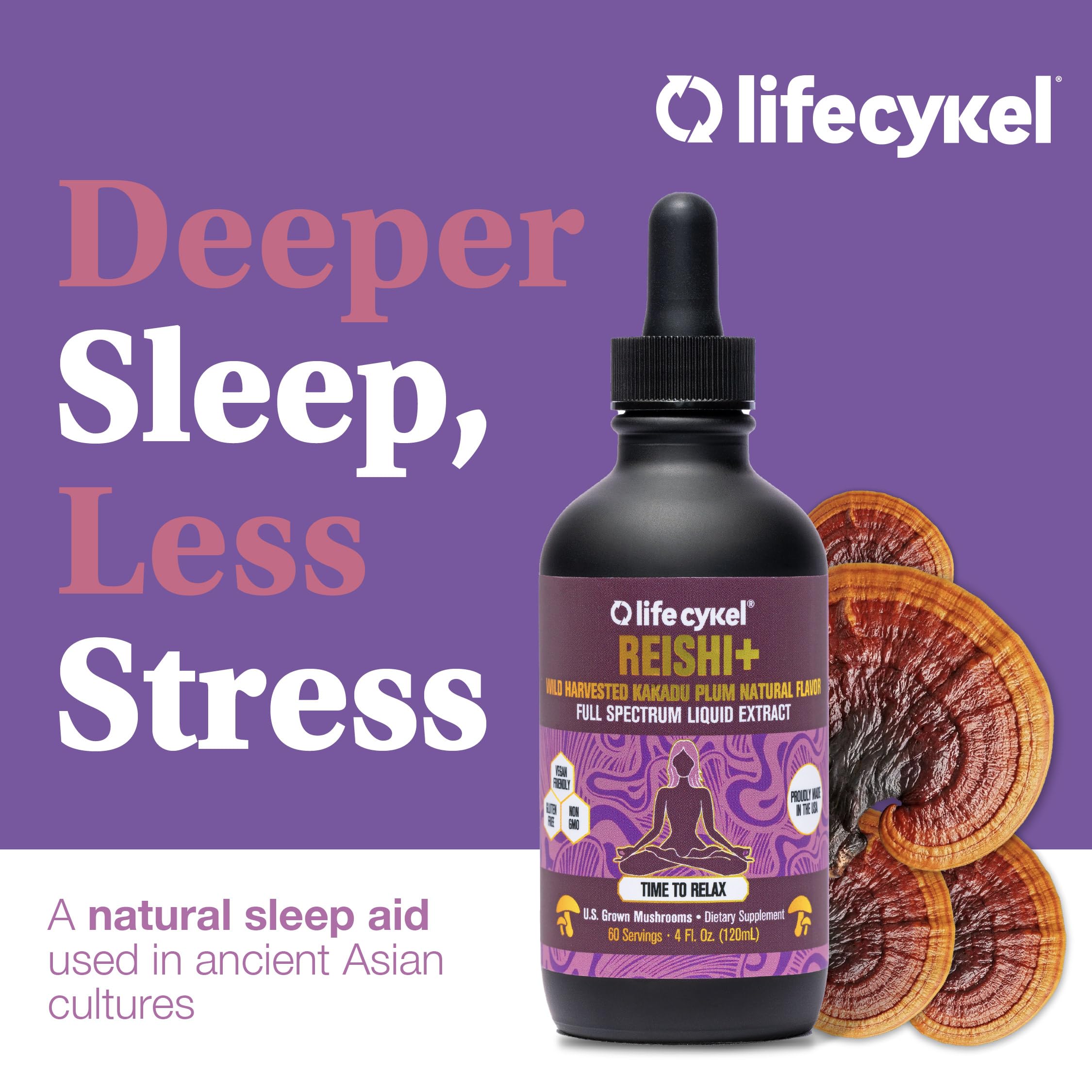 Life Cykel Reishi Kakadu Plum tincture glass emphasizes premium US-grown mushrooms.