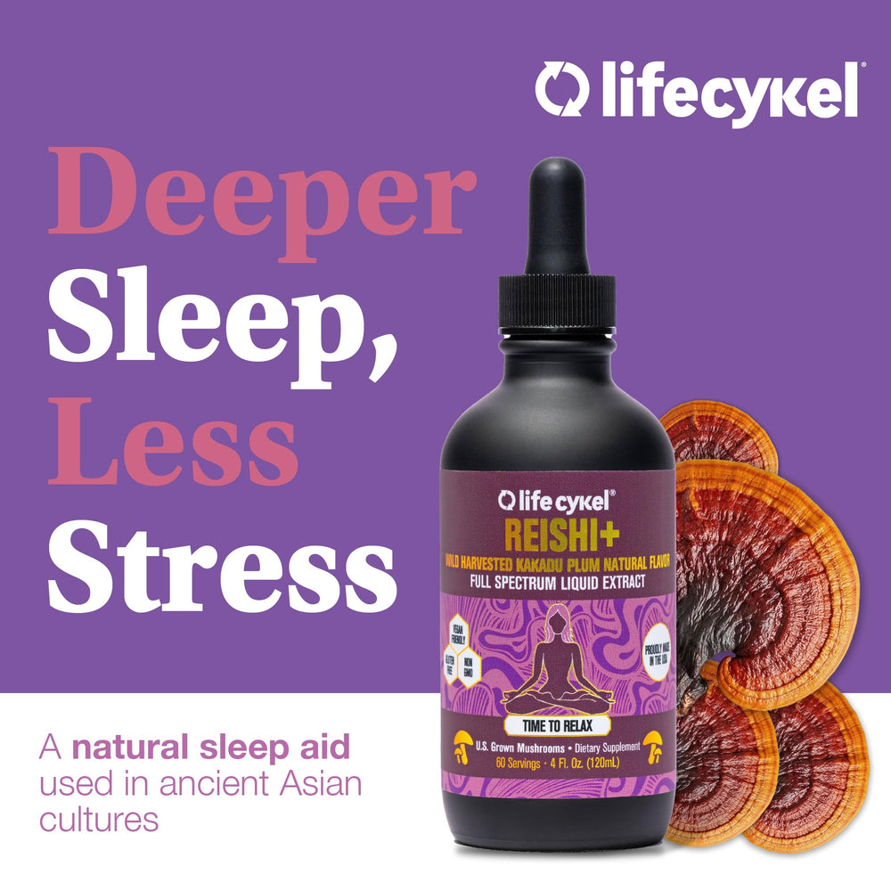 Life Cykel Reishi Kakadu Plum tincture glass emphasizes premium US-grown mushrooms.
