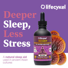 Life Cykel Reishi Kakadu Plum tincture glass emphasizes premium US-grown mushrooms.