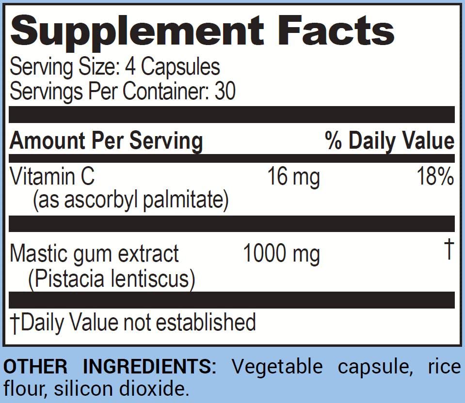 Life Enhancement Bye-Lori capsule closeup, 1000 mg mastic gum extract in each serving