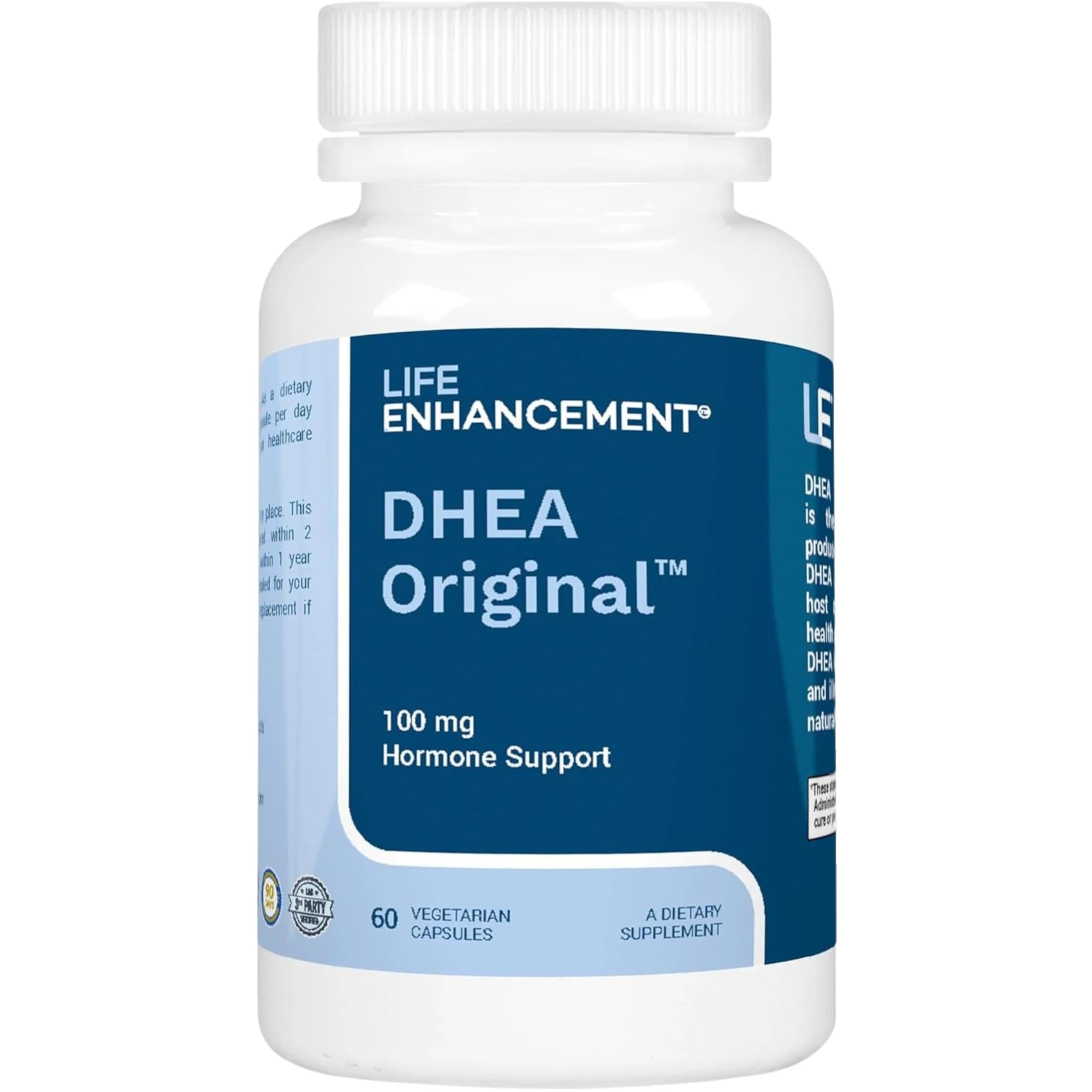 Life Enhancement DHEA Original bottle close-up highlights large crystals signaling high purity and quality.