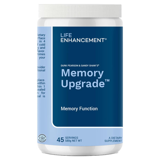 Life Enhancement Memory Upgrade bottle label shows ingredients and flavorful citrus profile