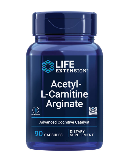 Life Extension Acetyl-L-Carnitine Arginate bottle highlights energy support.